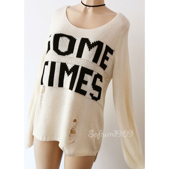 Last☝️Cream Black SOMETIMES Distress Long Sweater - Picture 2 of 8